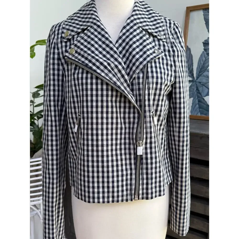 J.Crew Gingham Moto Jacket Size 6 NWT Navy White Check Biker Jacket